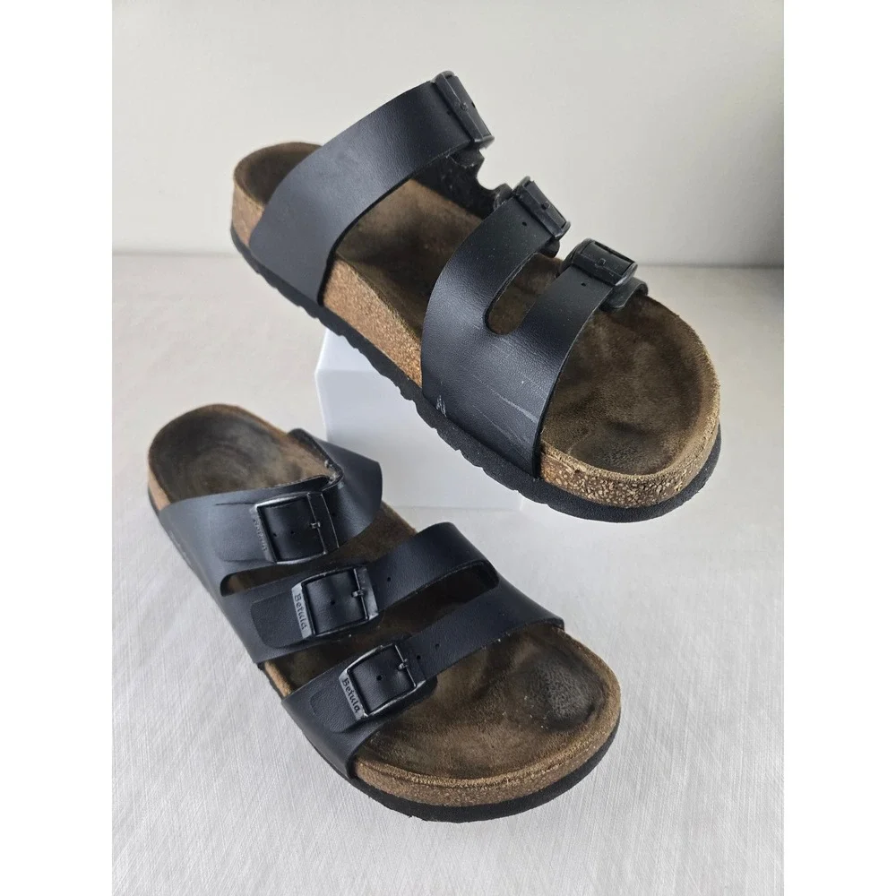 Betula Black Leather Cork Footbed Sandals Women Size39 Adjustable Buckle Comfort